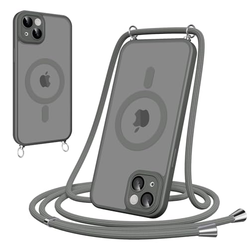 Cover Magnetica con Cordino per iPhone 15 Plus Compatibile con MagSafe Sottile con Laccio Collana Tracolla Regolabile AntiGraffio Case con per 15 Plus-Grey