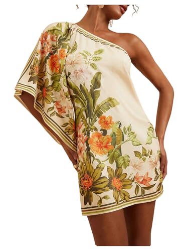 MakeMeChic Women's Boho Dresses Floral Ponchos Dolman Sleeve Dress Asymmetrical Mini Dress