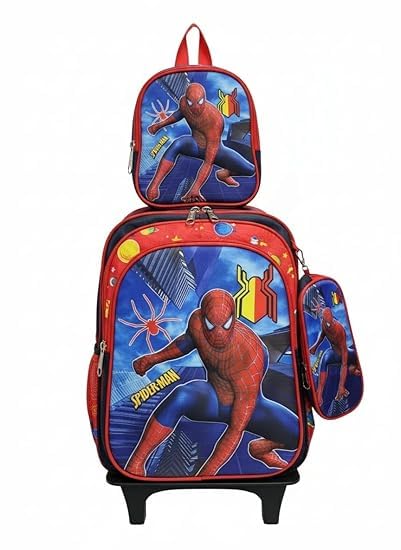 Image of Kids 17 Inch School Backpack Combo Set - Lunch Box Bag & Stationery Pouch | Trolley Bag with 2 Wheels | Durable Polyester Carry-on Travel & School Bag for Boys (Red 1)