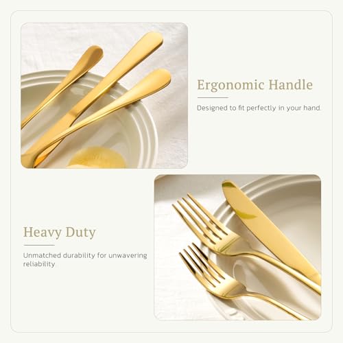 Image of Astercook Silverware Set 48-Piece Gold Flatware Set with Steak Knives Food-Grade Stainless Steel Cutlery Set for 8 Mirror Polished Utensils Set Include Spoons and Forks for Home Kitchen Restaurant