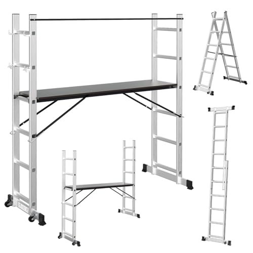 Gimisgu Échafaudage multifonction 4 en 1 en aluminium, échelle mobile avec plate-forme et 2 roues, charge maximale : 150 kg