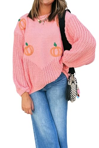 Urchics Womens Casual Sweater Blossom Pumpkin Embroidered Thanksgiving Sweater
