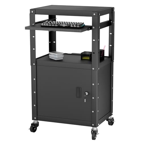Mobile AV Cart with Cabinet Rolling Computer Cart Height Adjustable Rolling Media Utility Cart with Extra Storage Space 4 Outlets Pullout Keyboard Tray Perfect for Home or Office Use