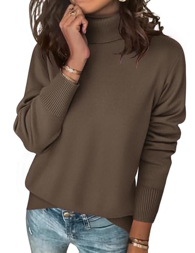 Zeagoo Women's Turtleneck Sweater Long Sleeve Spilt Hem Casual Knit Pullover Chunky Fall Winter Jumper Top 2025 Brown