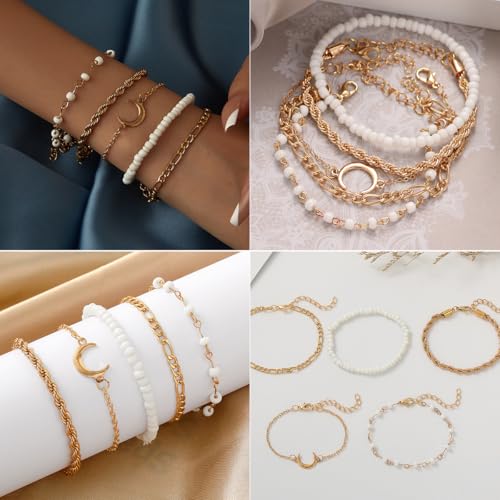 28pcs Gold Chain Bracelets Set for Women 14K Gold Plated Multiple Layered Bangle Adjustable Link Bracelet Anklet Fashion Accessories Jewelry Gift4