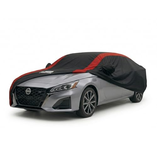 Image of Altima Car Cover Waterproof All Weather with Red Strip Design, Custom Fit for Nissan Altima 2002-2025, Altima Accessory with Door Zipper & Windproof Straps