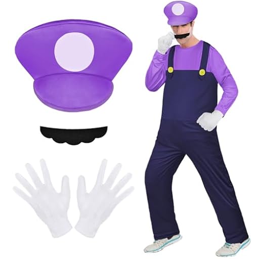 Aomig Disfraz Mario y Luigi Bros, 4pcs Set de Accesorios Mario Classic con Guantes, Bigote y Gorra, Cosplay Disfraz Halloween Carnaval Navidad de Hombre, Mujer, Adulto, Púrpura | Ya disponible en tu tienda friki favorita! En mundofriki.es!