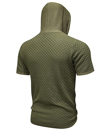 Zaitun Men's Short Sleeve Hoodie Shirt Casual Waffle Knitted Pullover Sweater Army Green #TOP2