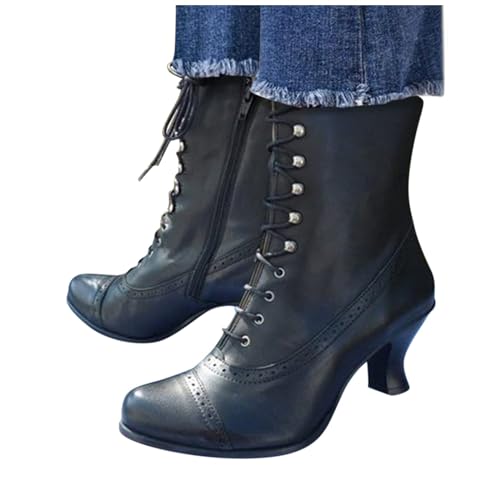 Women Vintage Victorian Boots 70s Lace up Ankle Boots Mid Heel Witch Granny Booties Mid-Calf Costume Shoes Cone Heel Side Zipper Almond Toe Halloween Party Heels3