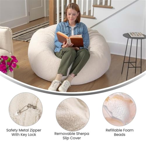 Pemberly Row Large Faux Sherpa Bean Bag Chair, 42"x42"x19", Refillable Polystyrene Beads, Machine Washable Cover, Lightweight Oversized Natural Chair for Kids, Teens, College Students, Portable - Image 5