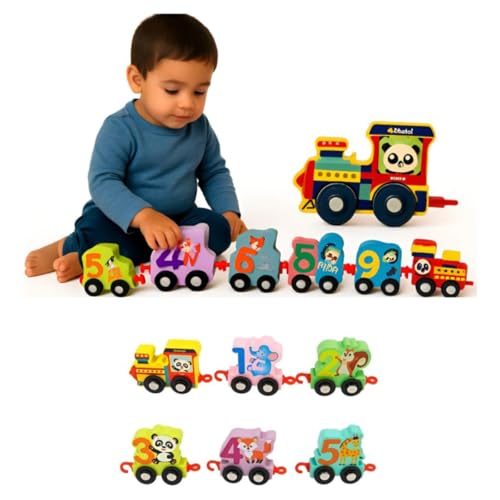 Trem de Madeira Montessori Educativo Infantil Com Números e Animal Brinquedo Coordenação motora Reconhecimento de números e animais Raciocínio lógico e criatividade Doméstico ou Escolar