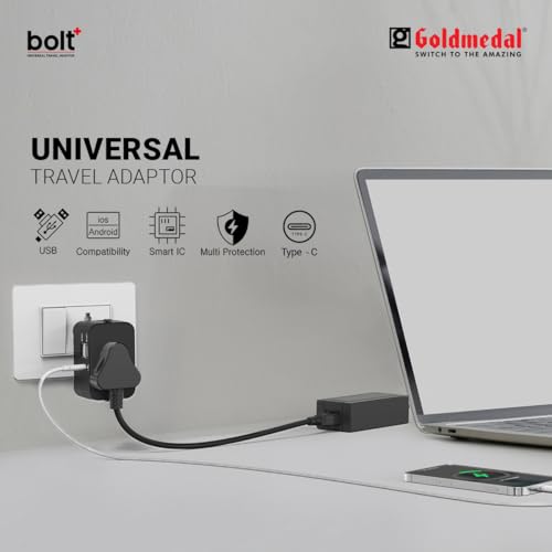 Image of Goldmedal Bolt + Universal Travel Adaptor | 2 Type A & 1 Type C USB Ports for Quick Charging | Supports Variety of Plug Types| Perfect for International Travel - Black | Supports Variety of Plug Types| Perfect for International Travel - Black