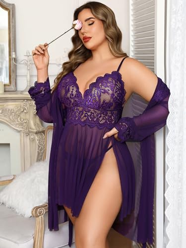 Image of Avidlove Plus Size Lingerie Sexy Lingerie Set Women's Exotic Nightgowns Lace Chemise Lingerie Side Slit Nightdress