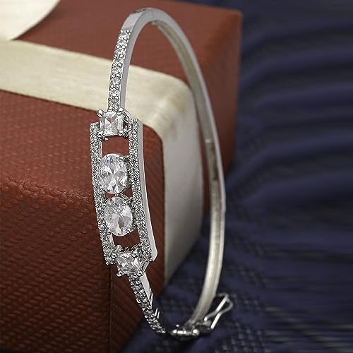 Image of ZENEME Rhodium-Plated Oval Shape American Diamond Studded Handmade Kada Bracelet For Girls and Women