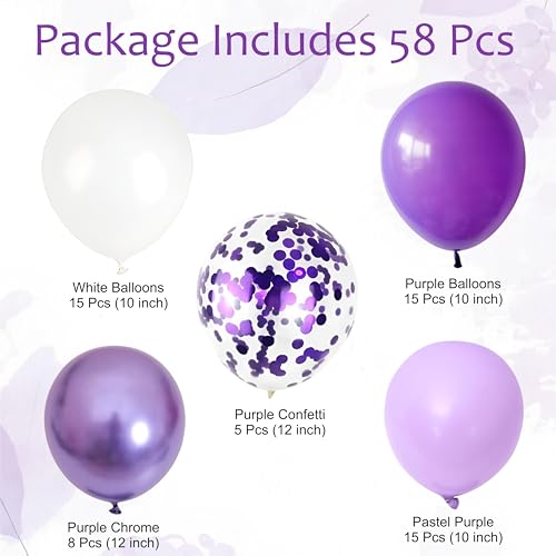 Image of Purple and White Balloon Garland Kit with Chrome and Confetti Balloons, Birthday and Anniversary Decoration, pack of 58 Pcs