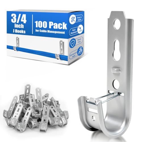 Image of 3 /4 Inch Wall Mount Cable Support J Hooks, 100 Pack with Retainer Clips