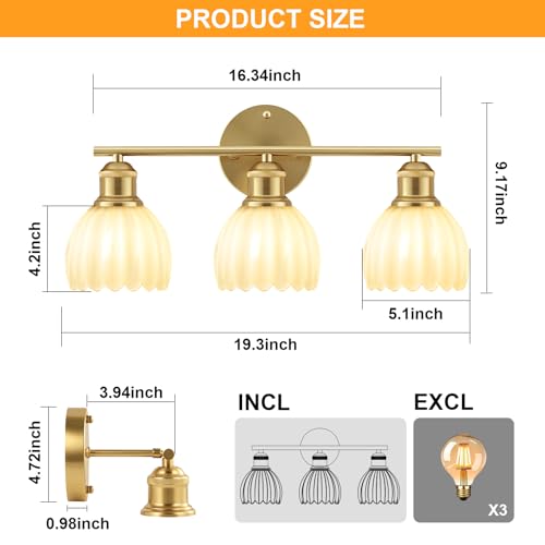 Image of Bathroom Light Fixtures, 3-Light Brushed Gold Vanity Lights for Bathroom with White Tulip Glass Shade, 20 inch Vintage Bathroom Vanity Lighting Fixtures Over Mirror for Bedroom Living Room Hallway