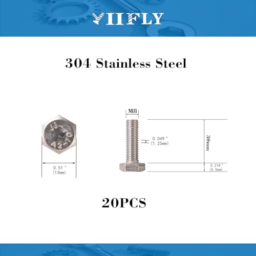 Image of M8x1.25 x 30mm Hex Head Screws Bolts, 304 Stainless Steel (A2-70), Bright Finish, Fully Threaded, Hexagon Head Bolts, Quantity 20