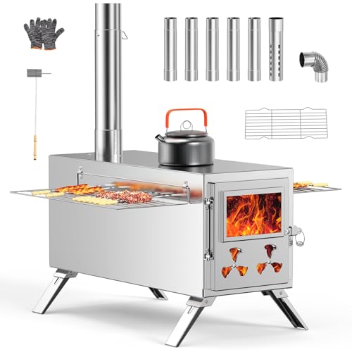 Comparison: Best 90 Efficient Wood Burning Stove 7 Upgraded Wood Stove, Hot Tent Stove Camping Portable Stainless Steel Wood Burning Stove with 7 Chimney Pipes for Wall Tent Camping, Hunting, Heating, Cooking, Ice Fishing, Boiling Water - Large
