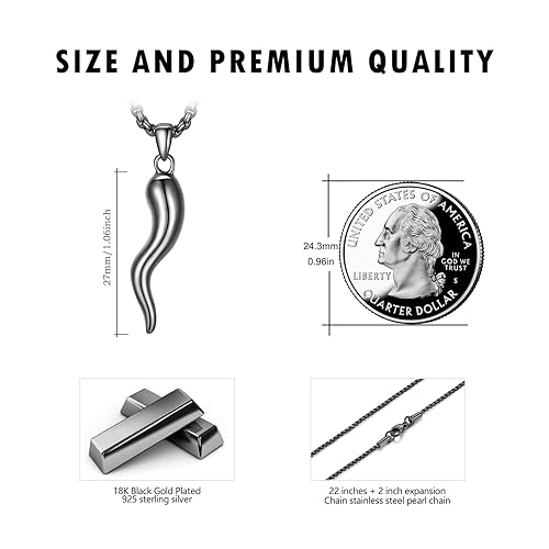 925 Sterling Silver Italian Horn Cornicello Lucky Necklace with Stainless Steel Chain 22"+2"4