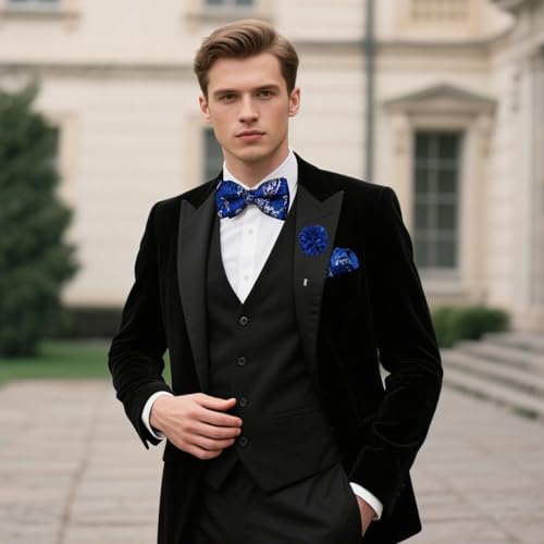 Image of DiBanGu Pre-Tied Bow Ties for Men Silk Adjustable Tuxedo Bowties Pocket Square Cufflinks Set with Lapel Pin Jacquard Woven