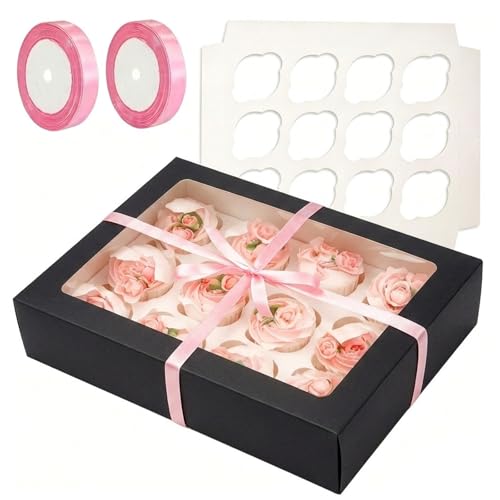 Image of Bakepacker Auto-pop Up Cupcake Boxes with Window Black 40PCS 12 Count Cupcake Box 13 inchx10 inchx3.5 inch Cupcakes Carrier, 12 Cupcake Containers with 2 rolls of pink ribbons