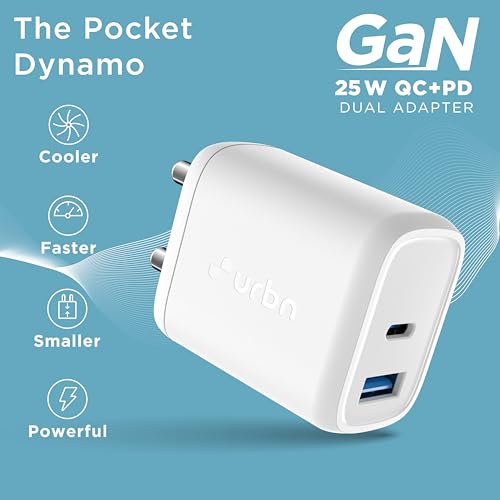 Image of URBN 25W Dual USB Type-C Travel Adaptor with GaN Technology for Google Pixel, Xiaomi, Motorola, iPhone, Samsung Galaxy Tab S /A Series, Galaxy S10 /M54 /M55 /A80 /A90 /S25 /S24 (White)