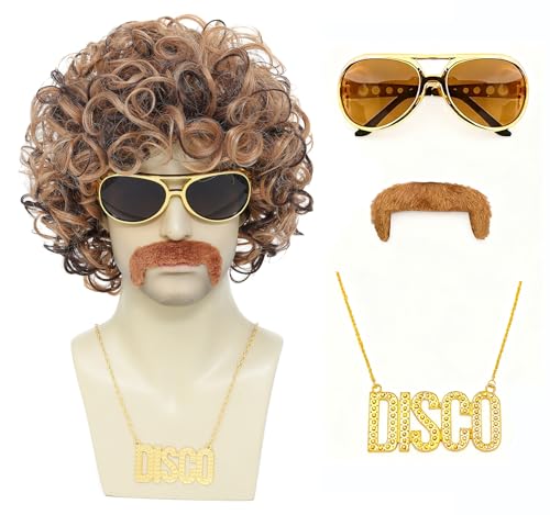 Image of 70s 80s Disco Costume Wig Set for Men - Afro Curly Wig with Mustache, Gold Sunglasses & Disco Necklace, Halloween Cosplay 70s Party Outfit Accessory (Blonde Mixed Brown)