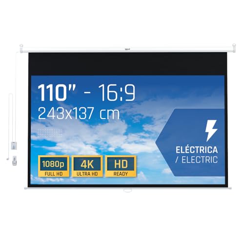 Iggual Pantalla Proyección 110 Pulgadas Eléctrica Enrollable -Panorámica 16:9 -Caída Ajustable -Mando Distancia e Interruptor Aux- Apto Pared/Techo -Compatible 4k y Cualquier Proyector (243x137 cm)