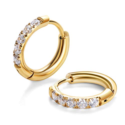 Hypoallergenic Unisex Surgical Steel Small Cubic Zirconia Huggie Hoop Earring, Color Gold - Silver - Rose Gold - Black - Rainbow, Size 6mm- 12mm Safe for Sensitive Ear