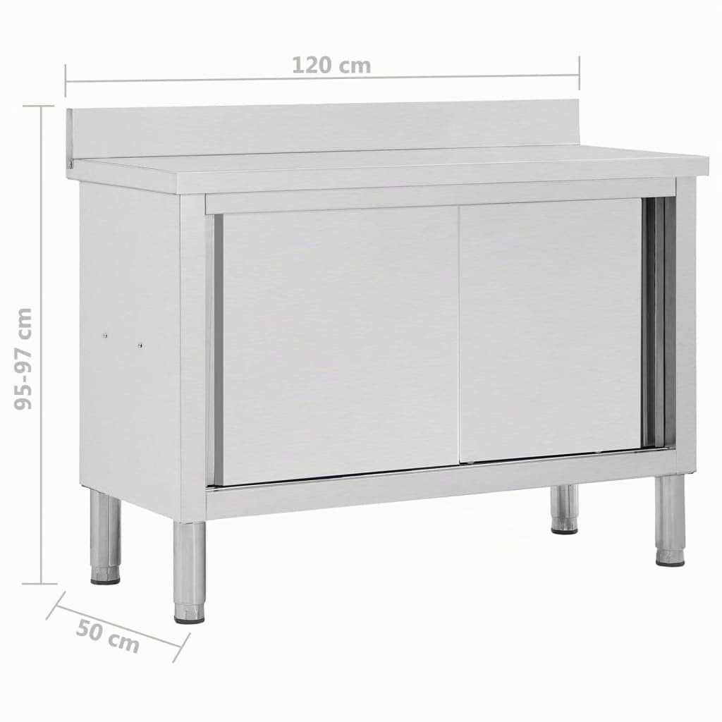 KOIECETA Armario de trabajo con puertas correderas 120 x 50 x (95-97) cm mesa de trabajo Encimera de acero inoxidable Gabinete gastro Armario de puerta corredera de acero inoxidable
