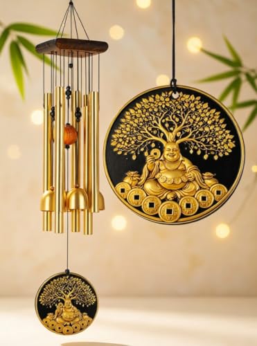Image of Paradigm Pictures Laughing Budha with fenshui Coin Wind Chimes for Home Balcony Decoration Items - (Pipes & Hanging Bells)