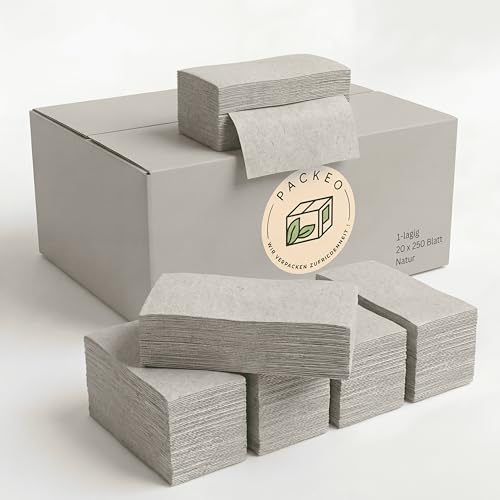 PACKEO Papierhandtücher Natur 5000 Blatt ZZ-Falz Falthandtücher Recycling 25x23 cm Handtuchpapier für Spender