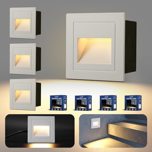 Letlit 4er Set Treppenbeleuchtung 3W 300lm, LED Treppenstufenbeleuchtung 230V 3000K, 85x85mm, IP65 Wandeinbauleuchte Treppenlicht Beleuchtung für Treppen Wand, Unterputzdosen 68mm, Aluminium Weiß