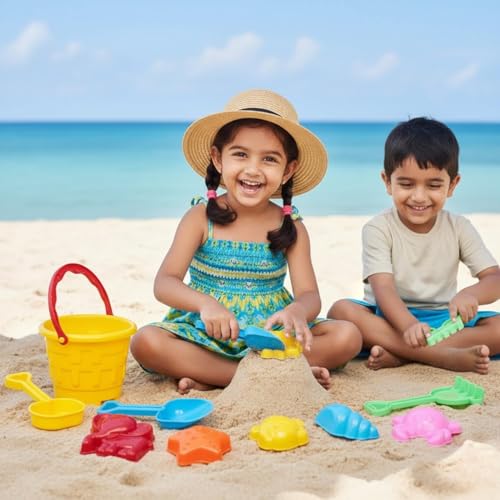 Image of Kids Beach Sand Toy Set - Castle Bucket with Shovels, Rake & Sea Animal Moulds (Crab, Turtle, Starfish, Shell) Pack of 12 | Outdoor Summer Sand Play Kit for Toddlers