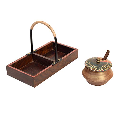 Image of AAKRITI ART CREATIONS Wooden Handi Set with Stylish Metal Handle Tray | Abstract Art Brown Matte Finish | Metal & Wood Handcrafted Serving Set | Decorative Kitchen & Dining Table Organizer