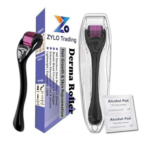 ZYLO Derma Roller 0.25mm | 540 Titanium Microneedles | Men & Women | Scalp Face & Body | Hair Regrowth Collagen Boost & Anti-Aging | Acne Stretch Marks | Includes Sanitizing Pads & Case