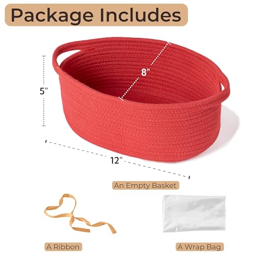 Image of Gift Basket with Wrap Bag and Ribbon, Empty Small Woven Basket for Gift, Cute Decorative Gift Organizer for Baby Showers, Raffle, Valentine's, Easter and Mum - 12 inchx8 inchx5 inch, Red
