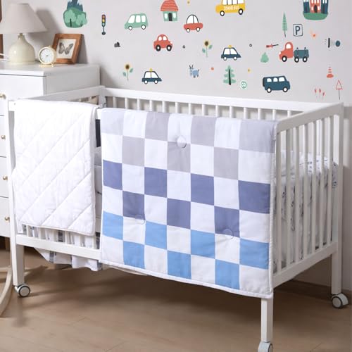 Image of SmoothNovelty 5 Pcs Cars Theme Baby Crib Bedding Set Include Checkered Crib Sheets Bed Skirt Comforter Pad Cover Wall Stickers for Boys Transportation Nursery Room Decoration