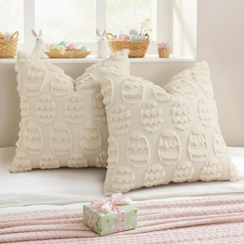 Image of decorUhome Easter Beige Egg Pillow Covers 20x20 Inch Set of 2, Soft Plush Faux Wool Jacquard Cushion Covers, Farmhouse Neutral Fuzzy Spring Easter Holiday Decor for Couch Sofa Bed