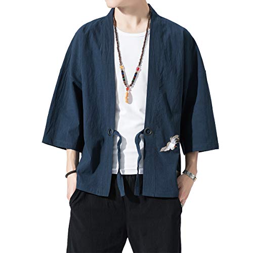 Image of PRIJOUHE Men's Kimono Jackets Cardigan Lightweight Casual Cotton Blends Linen Seven Sleeves Open Front Coat Outwear