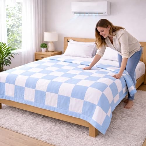 Image of Double Bed Dohar Blue & White Checkered | Lightweight Summer Quilt | Pure Cotton AC Blanket | Breathable All Season Comforter | Skin Friendly Bed Cover