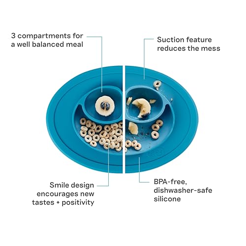 Image of ezpz Mini Mat - 100% Food Grade Silicone Suction Divided Plate with Built-in Placemat for Infants + Toddlers Promotes Baby Self-Feeding for Highchair, Dining Table & Travel- Microwave Safe (Blue)