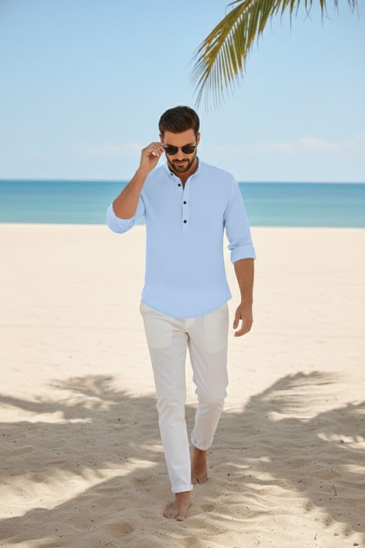 Image of Men's Cotton Blend Short Kurta with Collared Neck Full Sleeves Solid Pattern Western Style Regular Fit and Standard Length