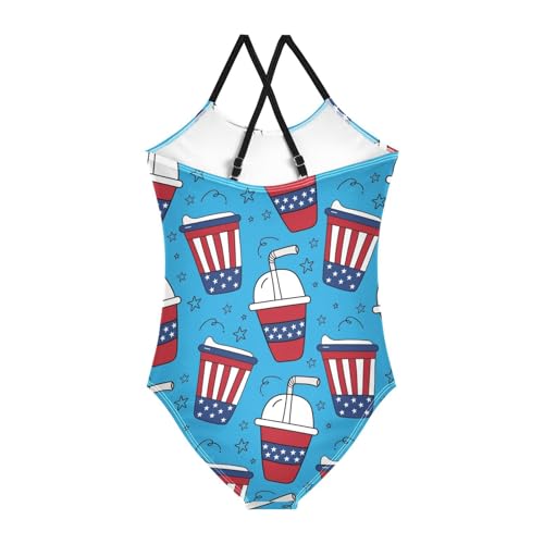 Girls One Piece Swimsuits Amrican Colors Coffee Cups Pattern Sport Halter Swimwear Beach Bathing Suit,7-8T2