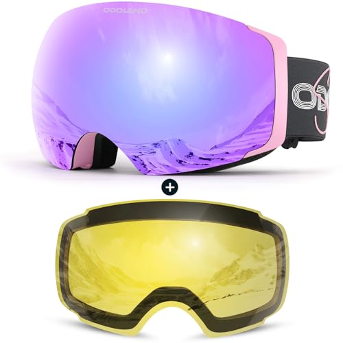 Odoland Magnetic Interchangeable Ski Goggles with 2 Lens, Large Spherical Frameless Snow Snowboard Goggles for Men Women Revo Violet Lens Vlt 15%