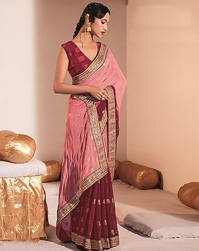 Image of SIRIL Women's Lace & Foil Printed Georgette Saree with Unstitched Blouse Piece(2826S471 Pink, Maroon)