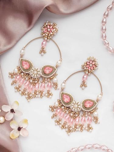 Image of SANJOYA by EVERSTYLISH Embroidered Earrings for Women | Hoop Earrings with Stones, Beads, Pearls & Glass Drops | Lightweight Ethnic & Festive Jewelry for Weddings & Parties