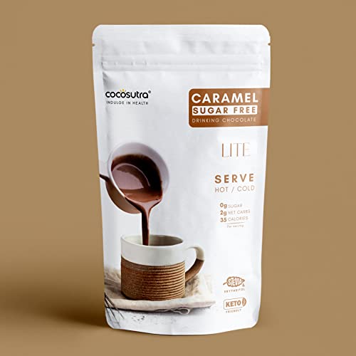 Image of COCOSUTRA SUGAR FREE Drinking Chocolate Mix - Caramel | Zero Sugar, Low Carb, Low Calorie | Stevia & Erythritol based | Keto Friendly Hot Chocolate | Vegan | Enjoy hot or cold | 200g (Pack of 2)