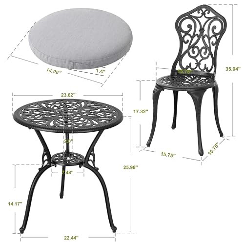 Image of NUU GARDEN 3 Pieces Patio Bistro Set, Outdoor Bistro Set with 2 Chairs, Round Table with Umbrella Hole, Outdoor Bistro Set with Grey Cushions and Umbrella Hole, Black
